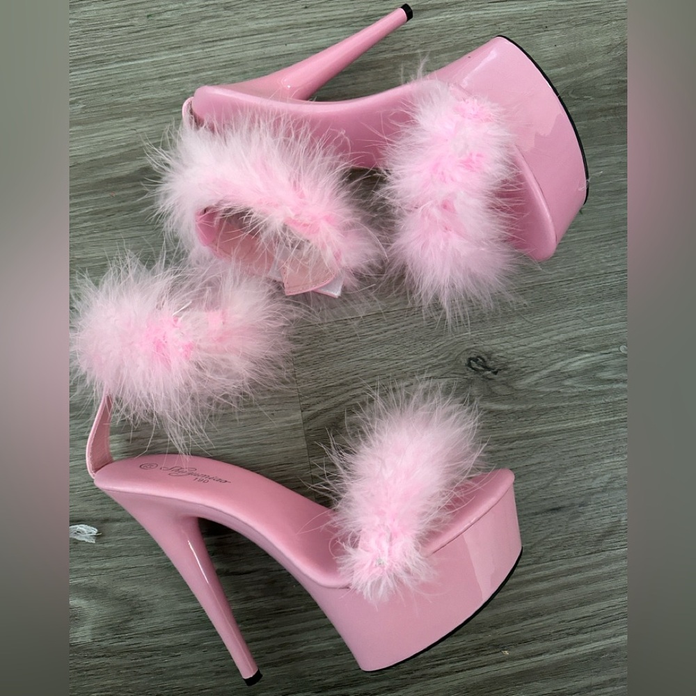Barbie Pink Feathers High Heels Platform Sandals - Picture 4 of 6